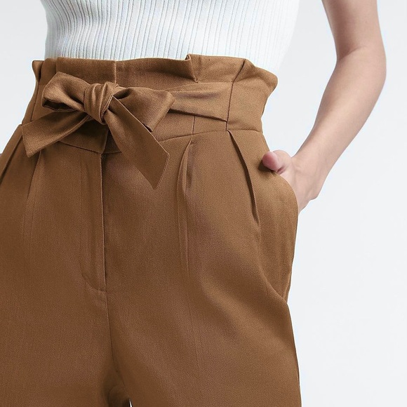 EXPRESS Dark Khaki Super High Rise Linen-Blend Paperbag Ankle Pant Size M - Picture 2 of 13